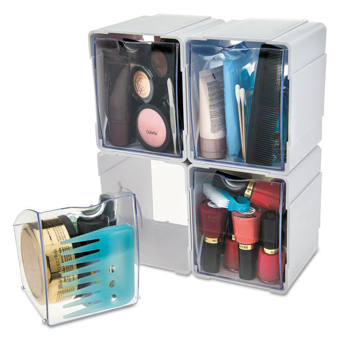 Tilt Bin Interlocking 4-Bin Organizer, Plastic, 4.63 x 4.88 x 5.5, White/Clear