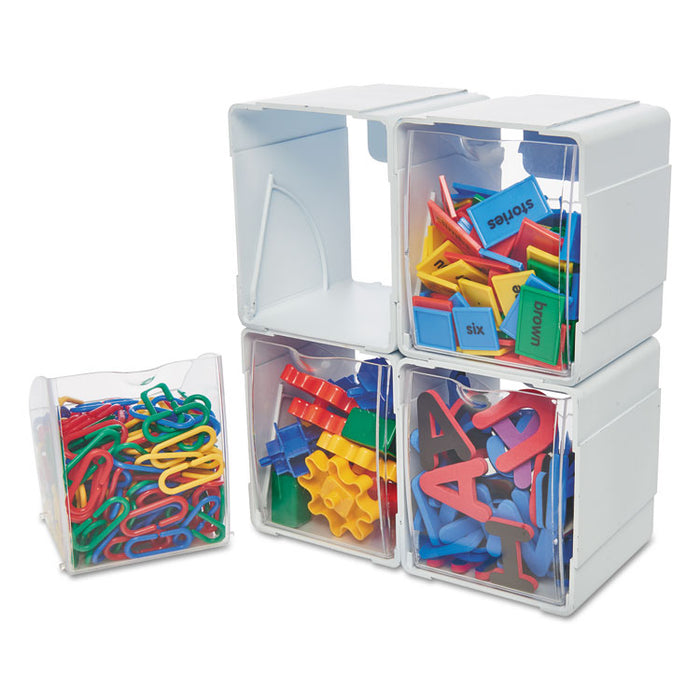 Tilt Bin Interlocking 4-Bin Organizer, Plastic, 4.63 x 4.88 x 5.5, White/Clear