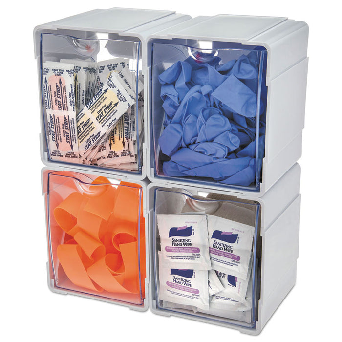 Tilt Bin Interlocking 4-Bin Organizer, Plastic, 4.63 x 4.88 x 5.5, White/Clear