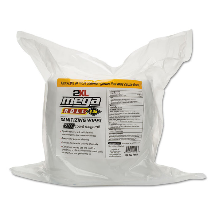 Mega Roll Sanitizing Wipes Refill, 7.7" x 6", White, 50 ft/roll, 2 Roll/Carton