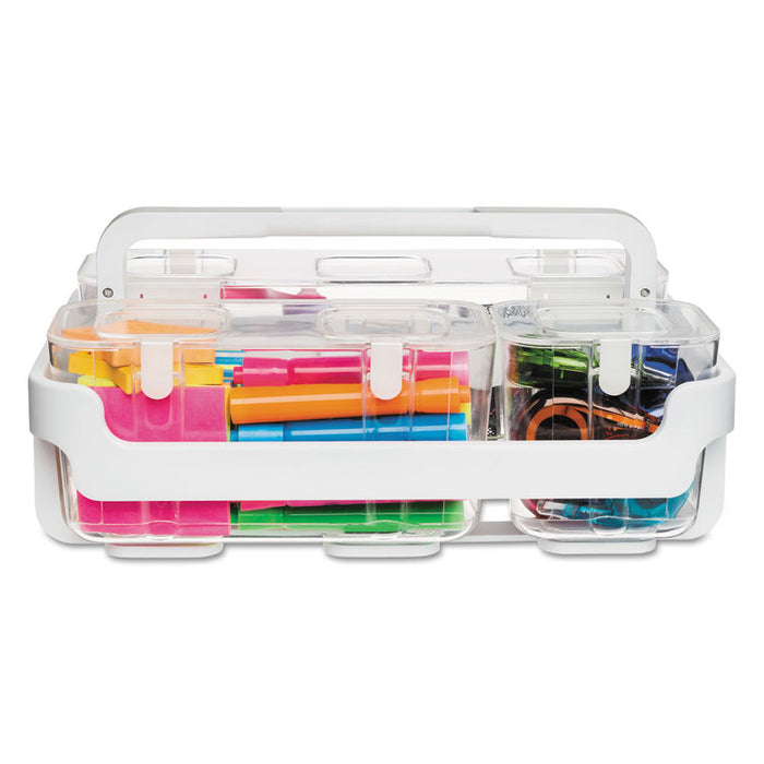 Stackable Caddy Organizer with S, M and L Containers, Plastic, 10.5 x 14 x 6.5, White Caddy/Clear Containers