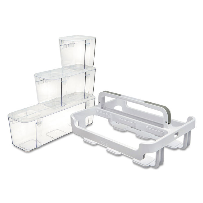 Stackable Caddy Organizer with S, M and L Containers, Plastic, 10.5 x 14 x 6.5, White Caddy/Clear Containers