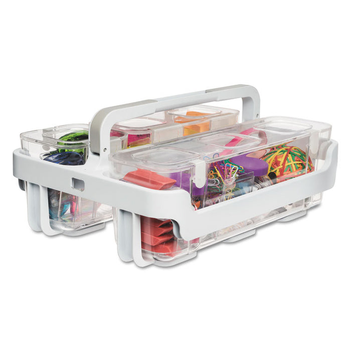 Stackable Caddy Organizer with S, M and L Containers, Plastic, 10.5 x 14 x 6.5, White Caddy/Clear Containers