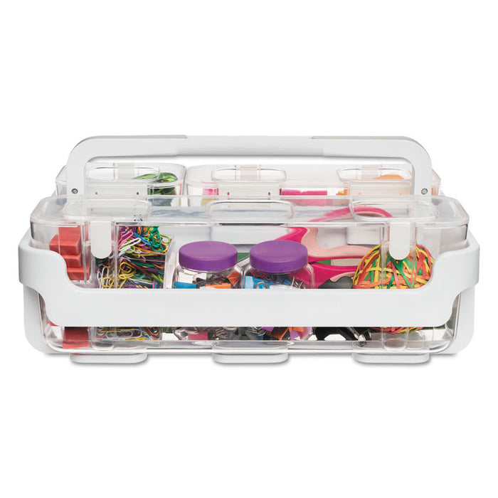 Stackable Caddy Organizer with S, M and L Containers, Plastic, 10.5 x 14 x 6.5, White Caddy/Clear Containers