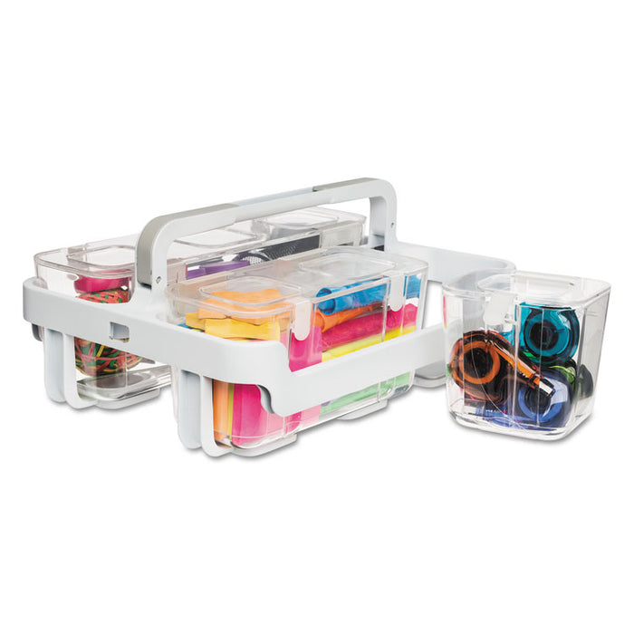 Stackable Caddy Organizer with S, M and L Containers, Plastic, 10.5 x 14 x 6.5, White Caddy/Clear Containers