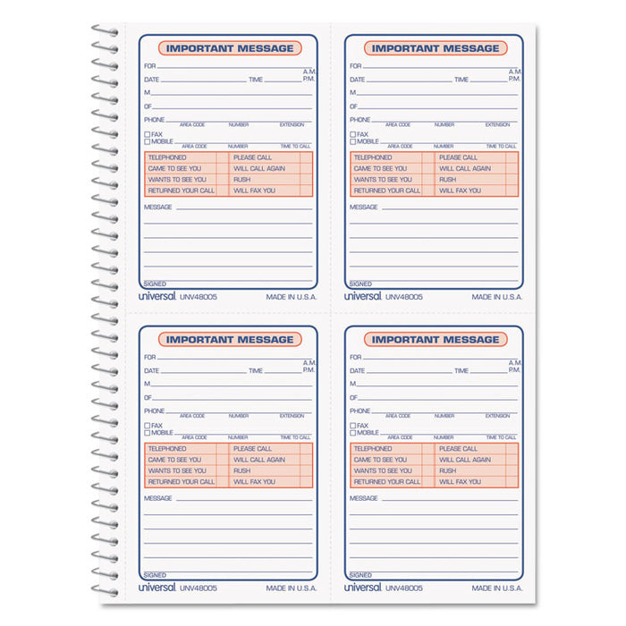 Wirebound Message Books, Two-Part Carbonless, 5.5 x 3.19, 4/Page, 200 Forms