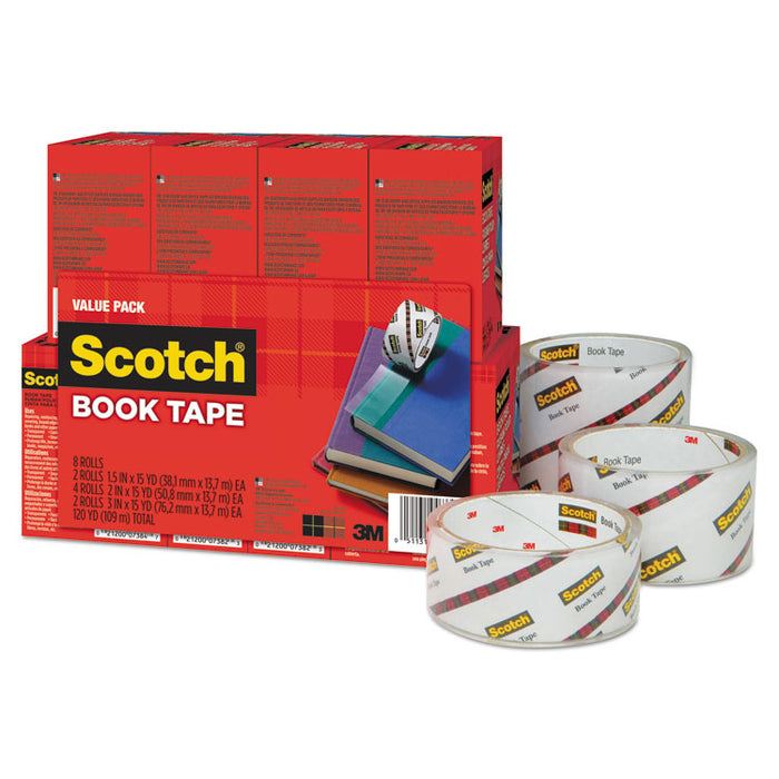 Book Tape Value Pack, 3" Core, (2) 1.5" x 15 yds, (4) 2" x 15 yds, (2) 3" x 15 yds, Clear, 8/Pack