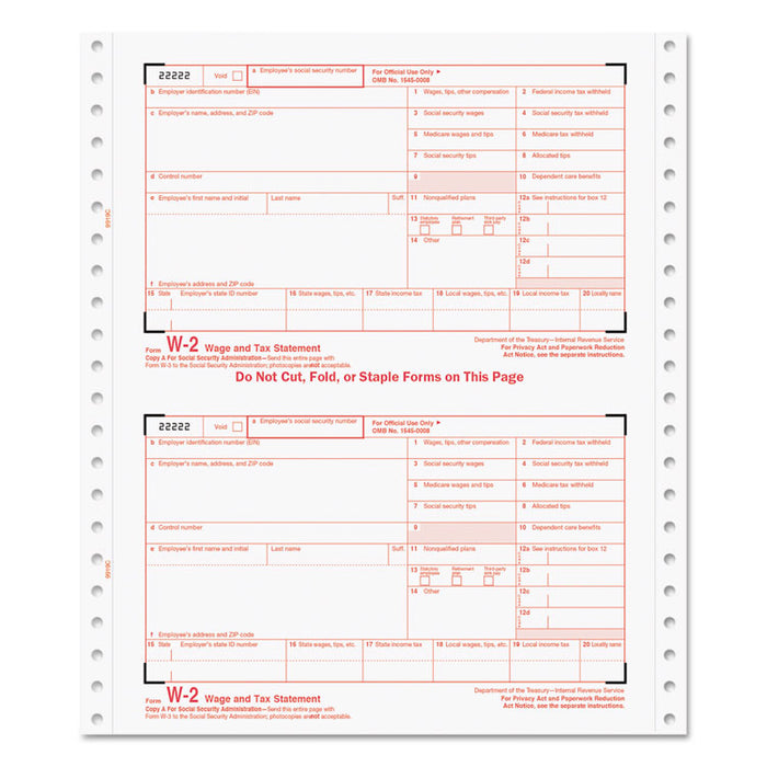W-2 Tax Forms, 6-Part Carbonless, 8 1/2 x 5 1/2, 600 W-2s & 10 W-3s