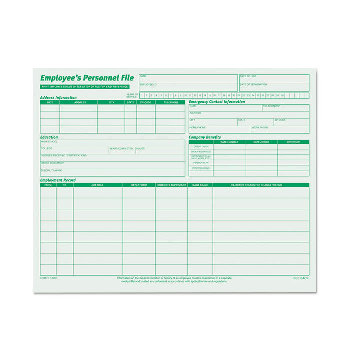 Employee's Record File Folder, Straight Tabs, Letter Size, Index Stock, Green, 20/Pack