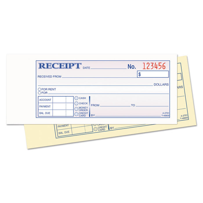 Money and Rent Receipt Books, Two-Part Carbonless, 2.75 x 7.19, 1/Page, 100 Forms