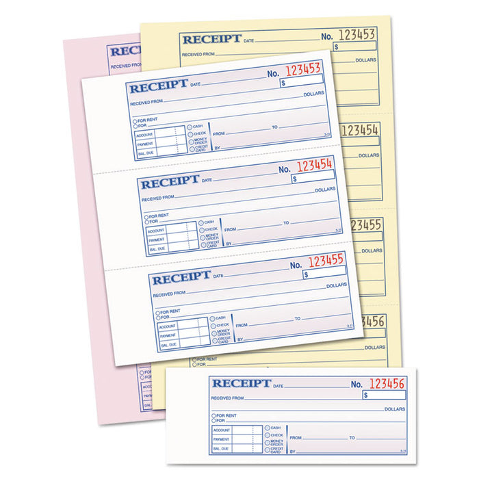 Money/Rent Receipt Books, Three-Part Carbonless, 2.75 x 7.13, 4/Page, 100 Forms