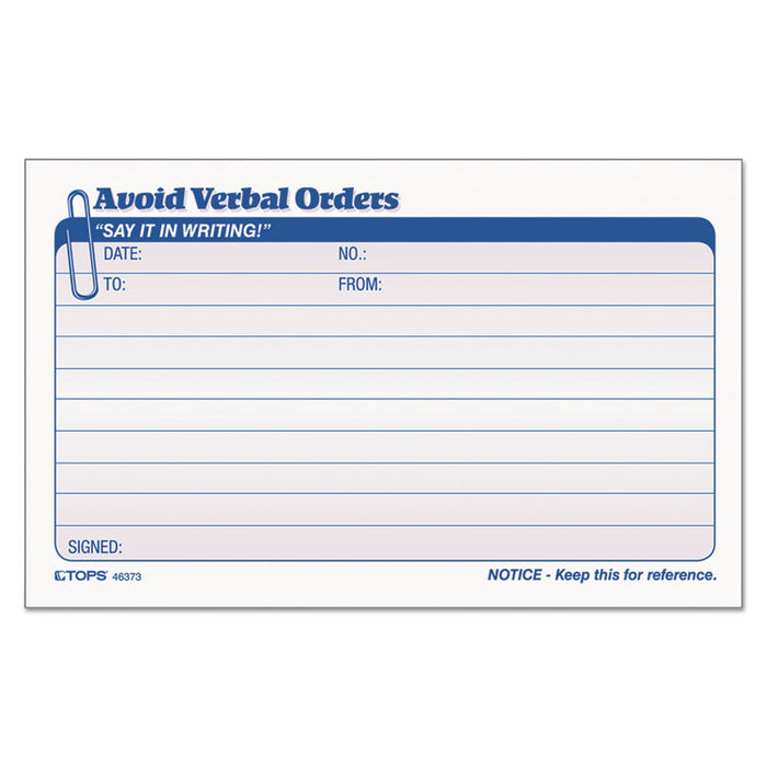 Avoid Verbal Orders Manifold Book, 6 1/4 x 4 1/4, 2-Part Carbonless, 50 Sets/BK