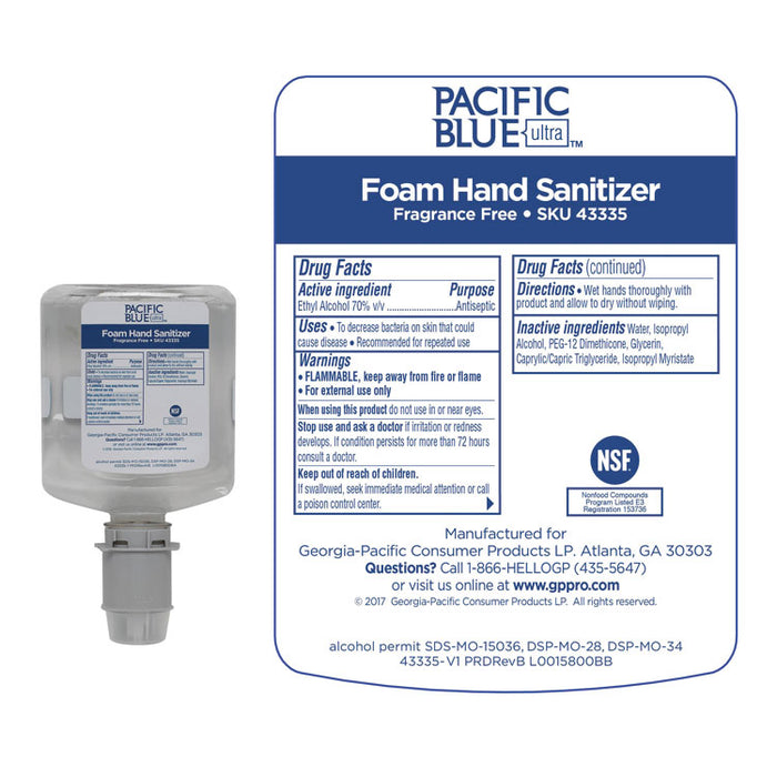 Pacific Blue Ultra Foam Hand Sanitizer Refill For Manual Dispensers, 1,000 mL, Fragrance-Free, 4/Carton