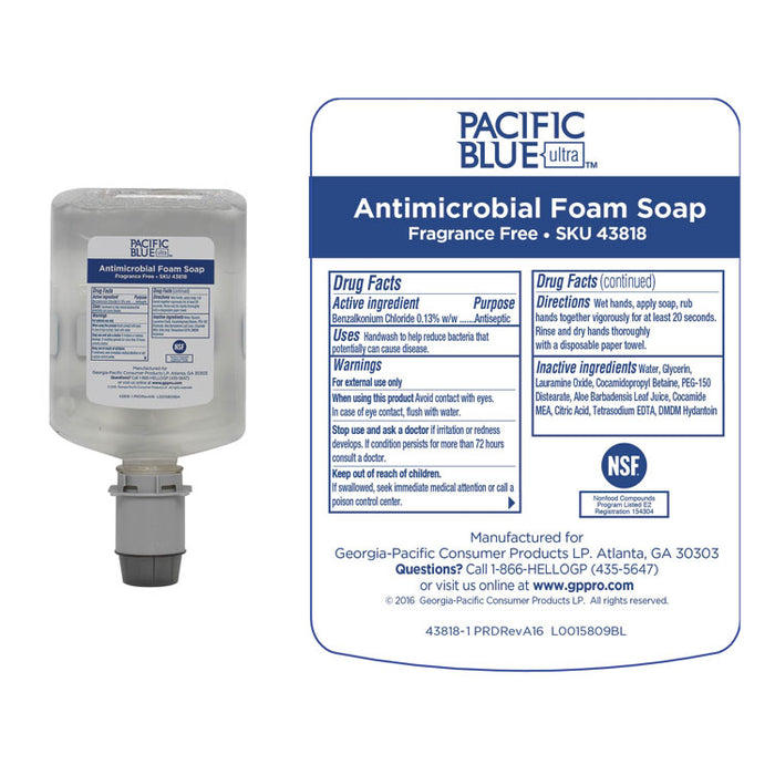 Pacific Blue Ultra Foam Soap Manual Dispenser Refill, Antimicrobial, Unscented, 1,200 mL, 4/Carton