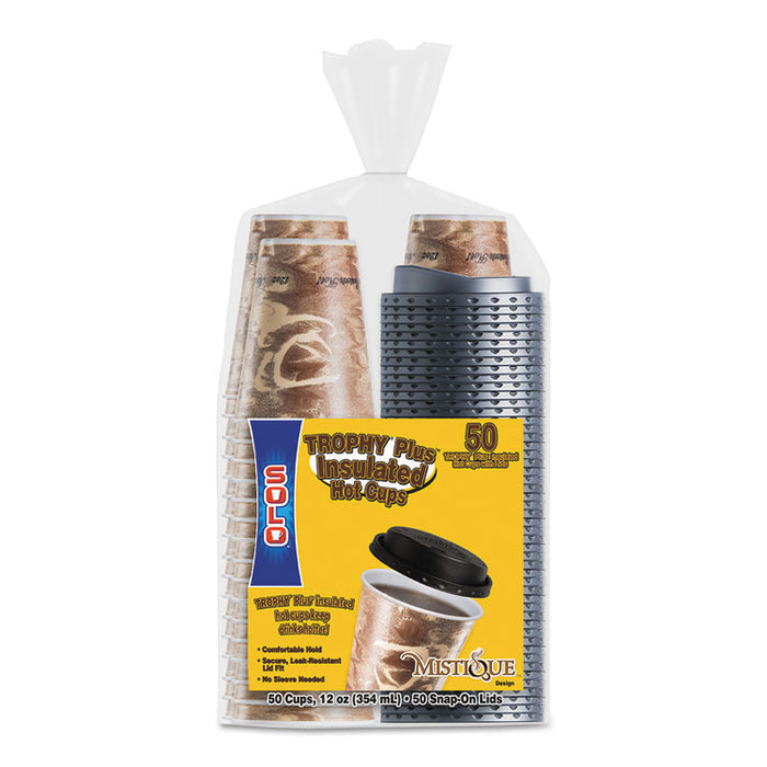 Trophy Plus Dual Temperature Insulated Cups and Lids Combo Pack, 12 oz, Brown, 50 Cups and Lids/Pack