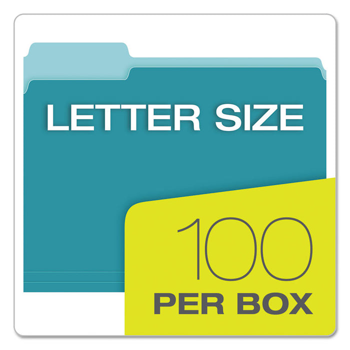 Colored File Folders, 1/3-Cut Tabs, Letter Size, Teal/Light Teal, 100/Box