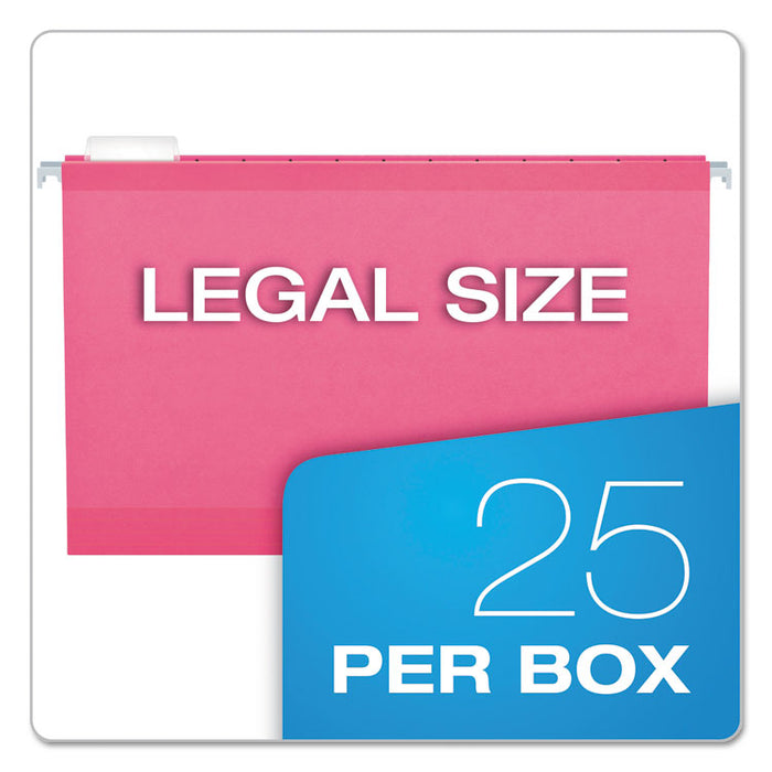 Colored Reinforced Hanging Folders, Legal Size, 1/5-Cut Tabs, Pink, 25/Box