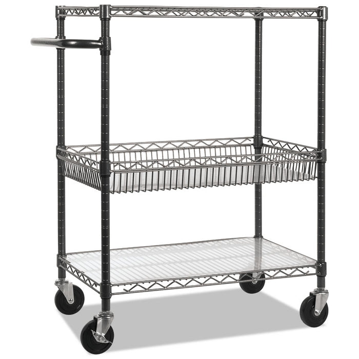 Three-Tier Wire Cart with Basket, 34w x 18d x 40h, Black Anthracite
