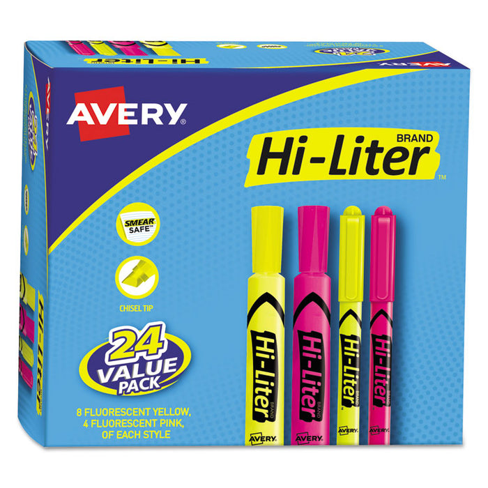 HI-LITER Highlighter Value Pack, Desk/Pen Style Combo, Assorted Ink Colors, Chisel/Bullet Tips, Assorted Barrel Colors, 24/PK