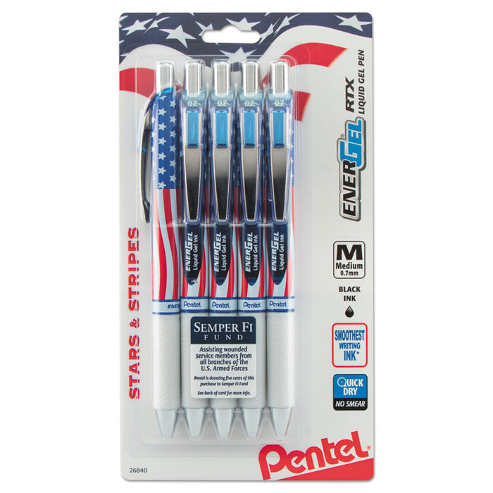 EnerGel RTX Gel Pen, Retractable, Medium 0.7 mm, Black Ink, Red/White/Blue Barrel, 5/Pack