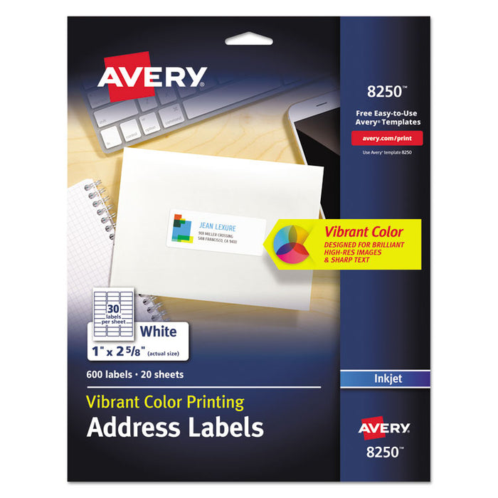 Vibrant Inkjet Color-Print Labels w/ Sure Feed, 1 x 2 5/8, Matte White, 600/PK