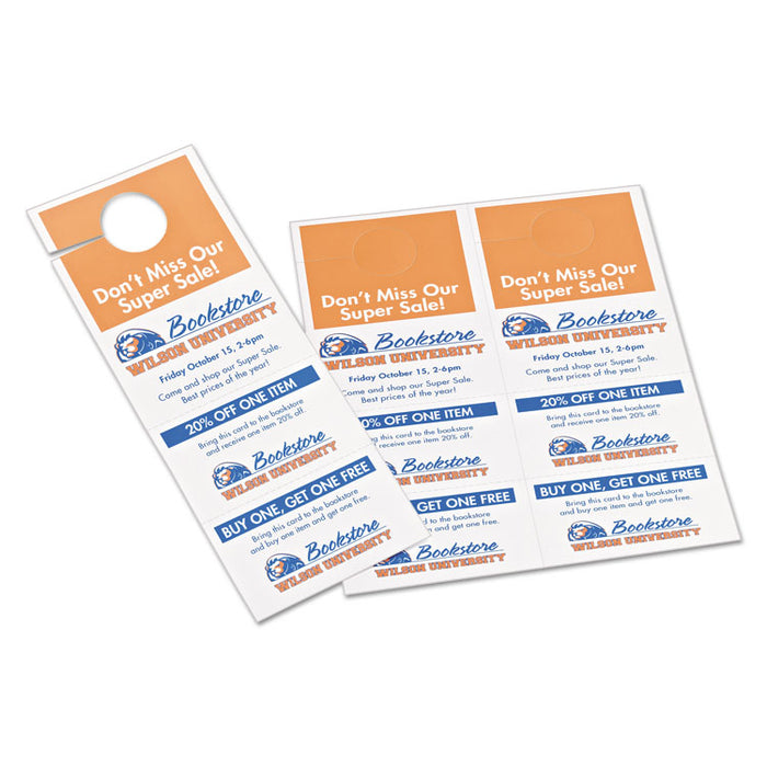 Door Hanger with Tear-Away Cards, 97 Bright, 65lb, 4.25 x 11, White, 2 Hangers/Sheet, 40 Sheets/Pack