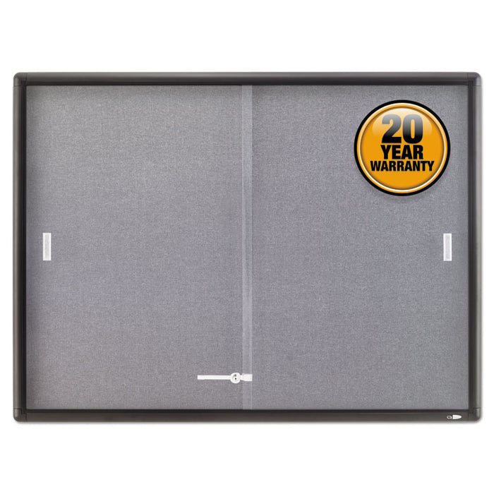 Enclosed Bulletin Board, Fabric/Cork/Glass, 48 x 36, Gray, Aluminum Frame