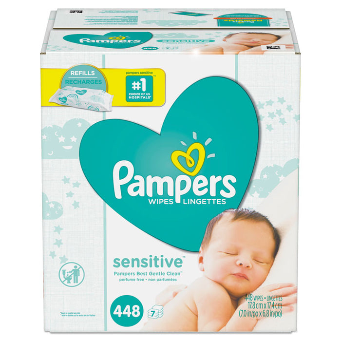 Sensitive Baby Wipes, White, Cotton, Unscented, 64/Pouch, 7 Pouches/Carton