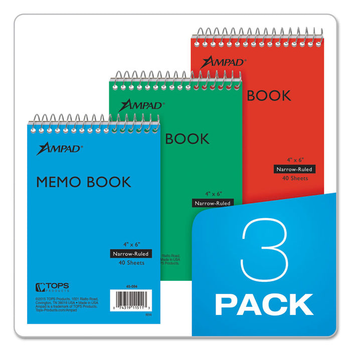 Memo Books, Narrow Rule, 6 x 4, White, 40 Sheets, 3/Pack