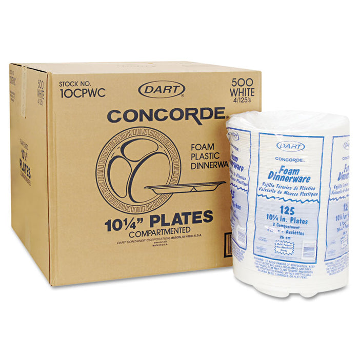 Concorde Foam Plate, 3-Compartment, 10.25" dia, White, 125/Pack, 4 Packs/Carton