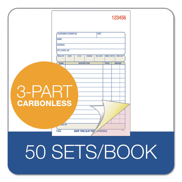 Carbonless Sales Order Book, Three-Part Carbonless, 4-3/16 x 7 3/16, 50 Sheets