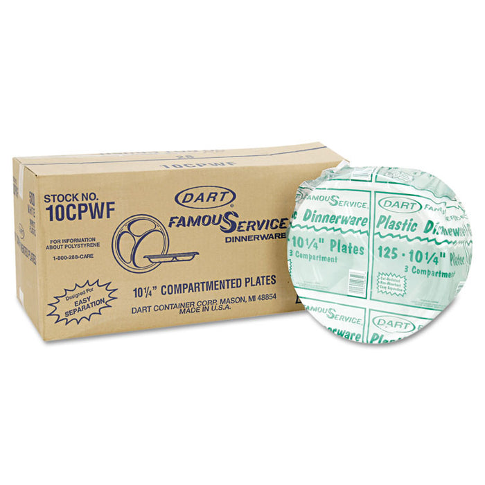 Famous Service Plastic Dinnerware, Plate, 3-Comp, 10 1/4" dia, White, 500/Carton