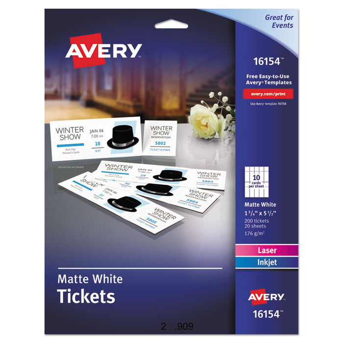 Printable Tickets w/Tear-Away Stubs, 97 Bright, 65lb, 8.5 x 11, White, 10 Tickets/Sheet, 20 Sheets/Pack