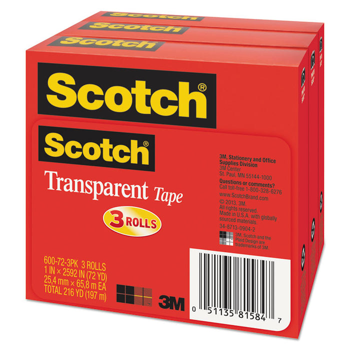 Transparent Tape, 3" Core, 1" x 72 yds, Transparent, 3/Pack