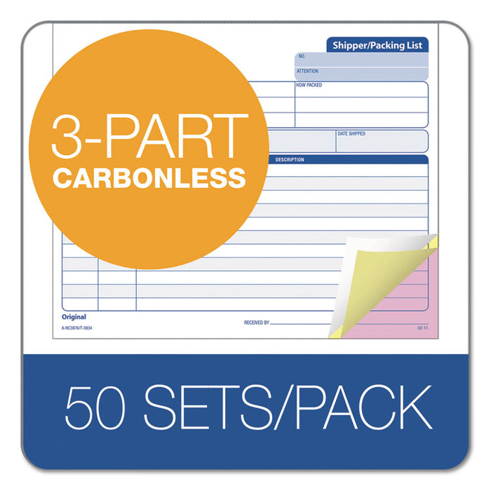 Snap-Off Shipper/Packing List, Three-Part Carbonless, 8.5 x 7, 1/Page, 50 Forms