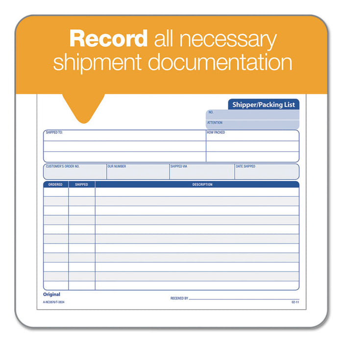 Snap-Off Shipper/Packing List, Three-Part Carbonless, 8.5 x 7, 1/Page, 50 Forms