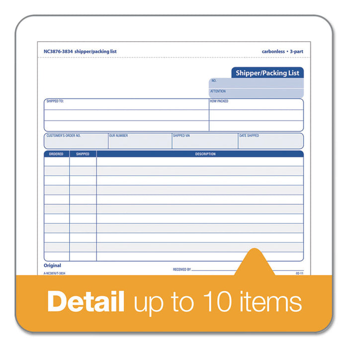 Snap-Off Shipper/Packing List, Three-Part Carbonless, 8.5 x 7, 1/Page, 50 Forms