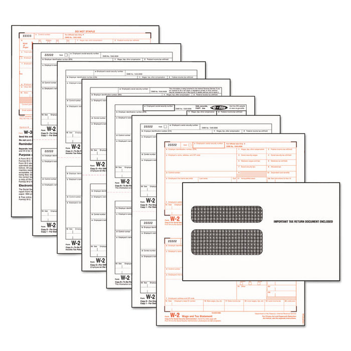 W-2 Tax Form/Envelope Kits, Six-Part Carbonless, 8.5 x 5.5, 2/Page, (24) W-2s and (1) W-3, 24/Sets