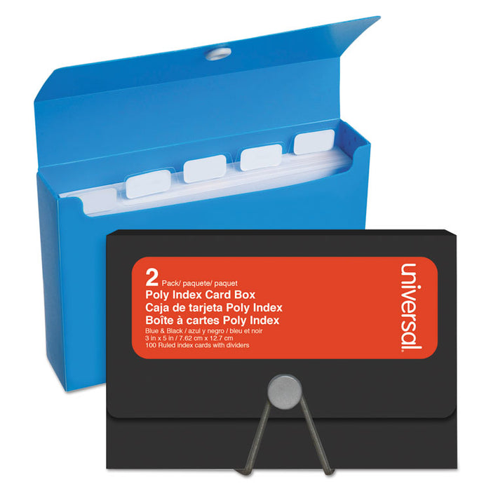 Poly Index Card Box, Holds 100 3 x 5 Cards, 3 x 1.33 x 5, Plastic, Black/Blue, 2/Pack