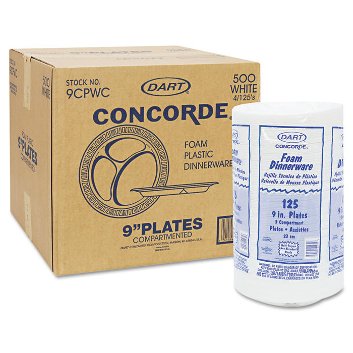 Concorde Foam Plate, 3-Comp, 9" dia, White, 125/Pack, 4 Packs/Carton