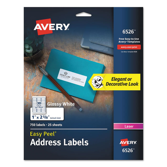 Glossy White Easy Peel Mailing Labels w/ Sure Feed Technology, Laser Printers, 1 x 2.63, White, 30/Sheet, 25 Sheets/Pack