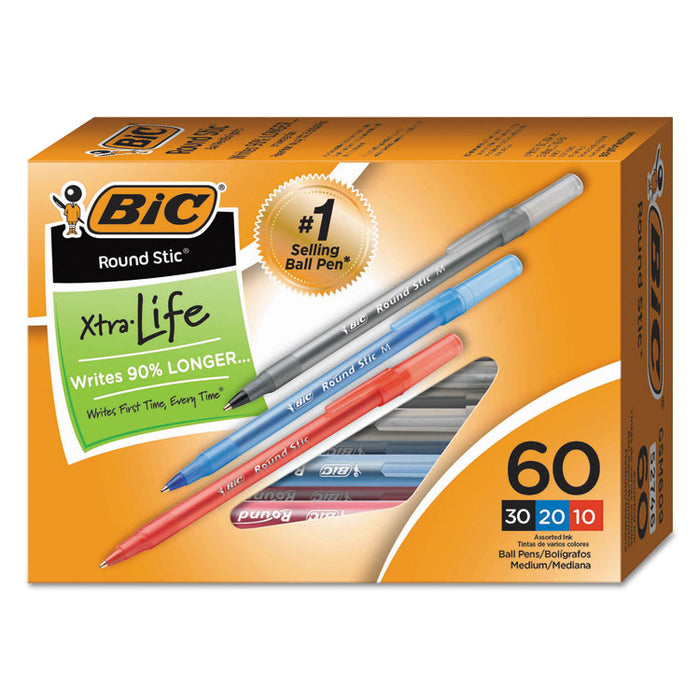 Round Stic Xtra Precision Stick Ballpoint Pen, 1mm, Assorted Ink/Barrel, 60/Pack