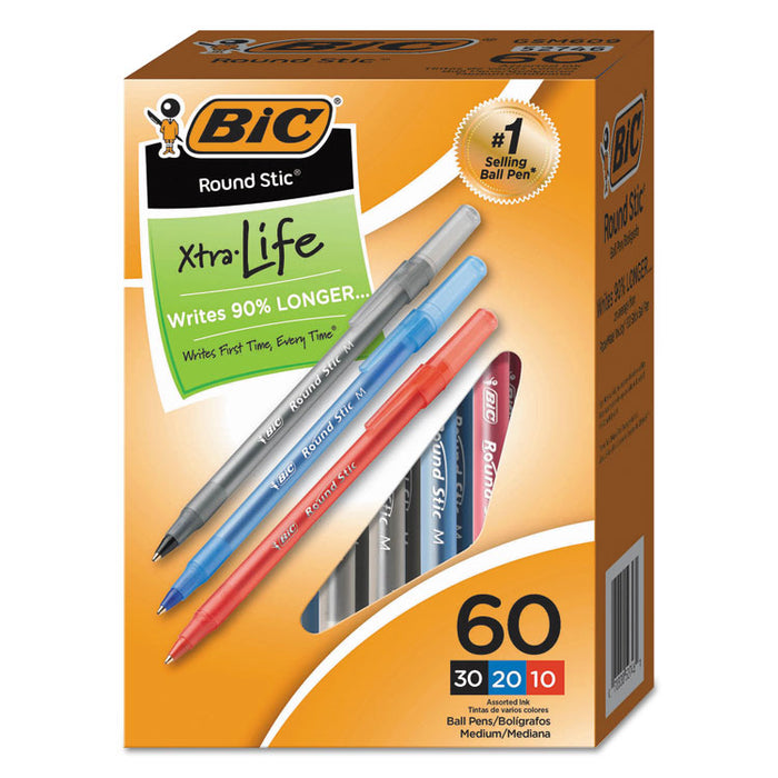 Round Stic Xtra Precision Stick Ballpoint Pen, 1mm, Assorted Ink/Barrel, 60/Pack