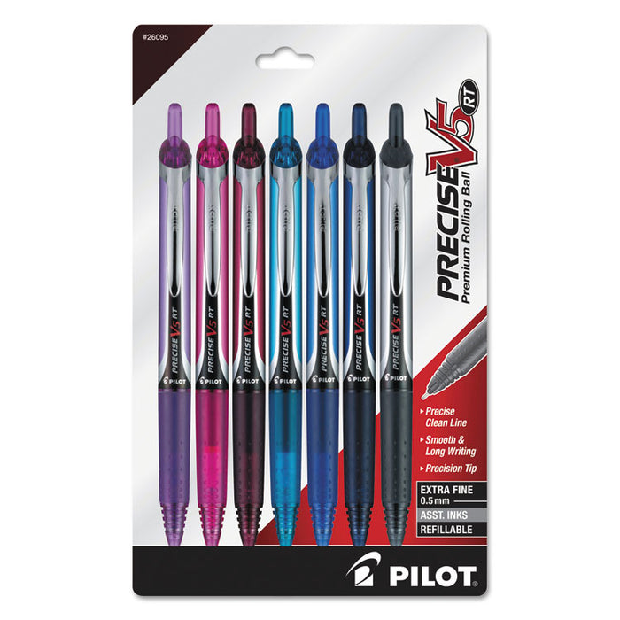 Precise V5RT Roller Ball Pen, Retractable, Extra-Fine 0.5 mm, Assorted Ink and Barrel Colors, 7/Pack