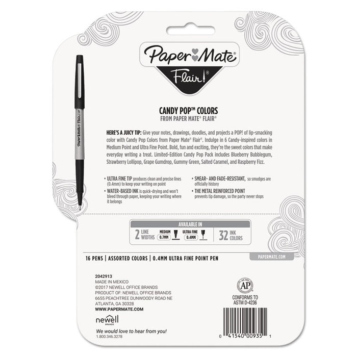 Flair Felt Tip Stick Marker Pen, 0.4mm, Assorted Ink, Gray Barrel, 16/Pack