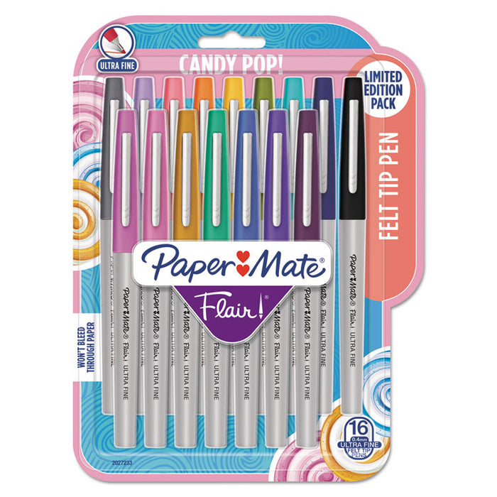 Flair Felt Tip Stick Marker Pen, 0.4mm, Assorted Ink, Gray Barrel, 16/Pack