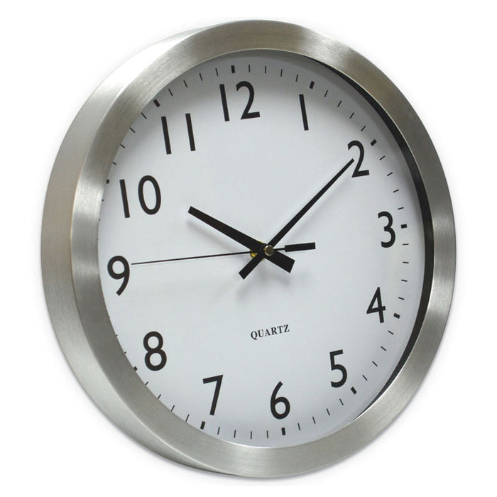 Brushed Aluminum Wall Clock, 12" Overall Diameter, Silver Case, 1 AA (sold separately)