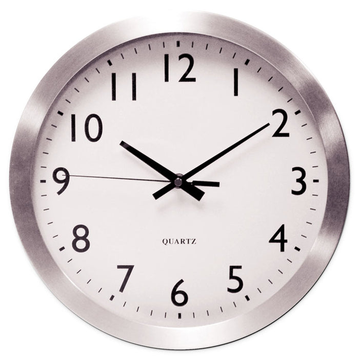 Brushed Aluminum Wall Clock, 12" Overall Diameter, Silver Case, 1 AA (sold separately)