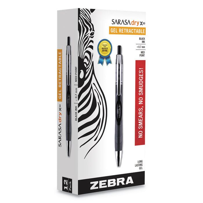 Sarasa Dry Gel X30 Retractable Gel Pen, Medium 0.7mm, Black Ink/Barrel, Dozen