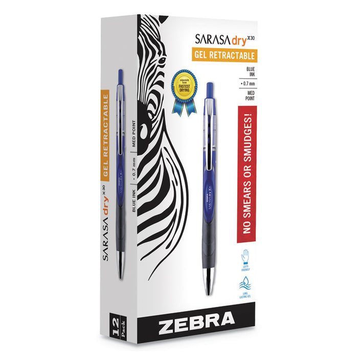Sarasa Dry Gel X30 Gel Pen, Retractable, Medium 0.7 mm, Blue Ink, Blue Barrel, 12/Pack